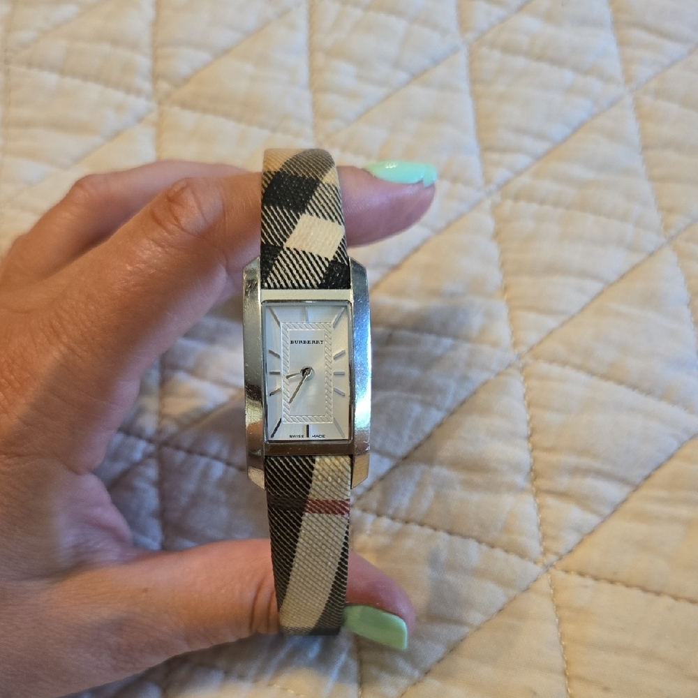 Burberry Women's Silver and Tan Plaid Watch